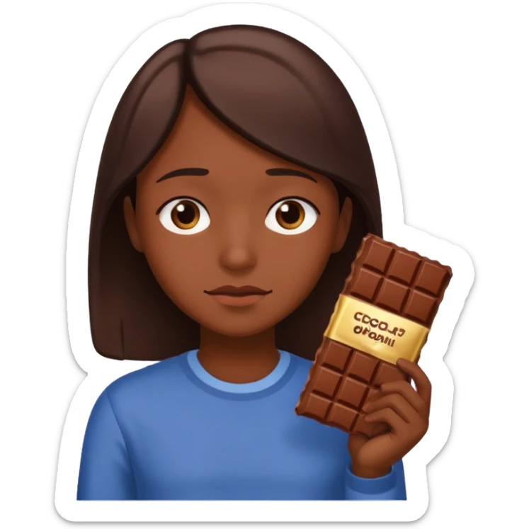 Apple style emoji of a person with chocolate, sad look, chocolate bar visible in hand, friendly design sticker