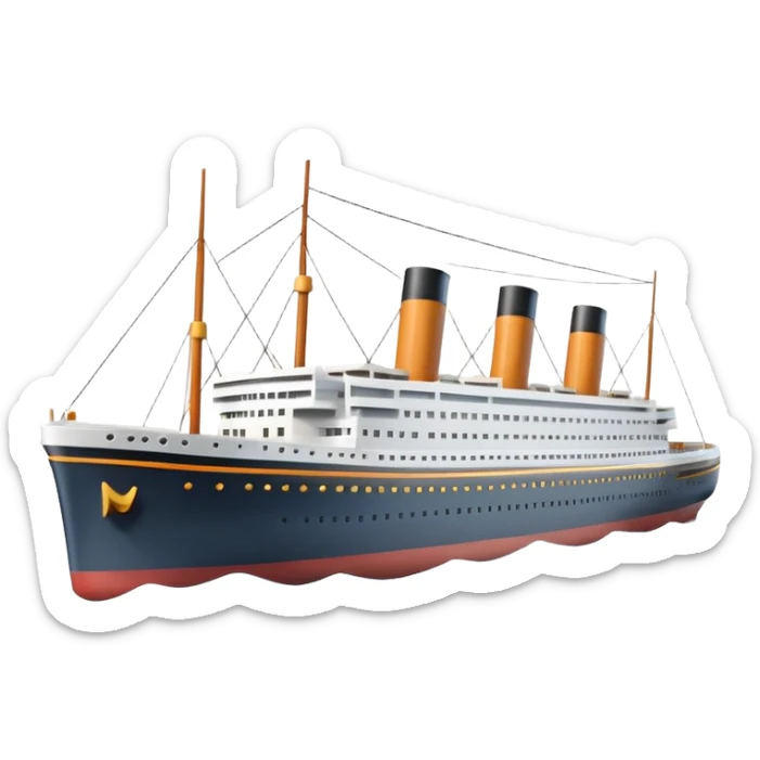 A 3D emoji of a Titanic ship in Apple style, glossy and smooth surface, bright clean colors with subtle shading, simple and minimal details, no face or expressions, floating on calm ocean, soft shadows, high-quality render, isolated on white background.


 sticker