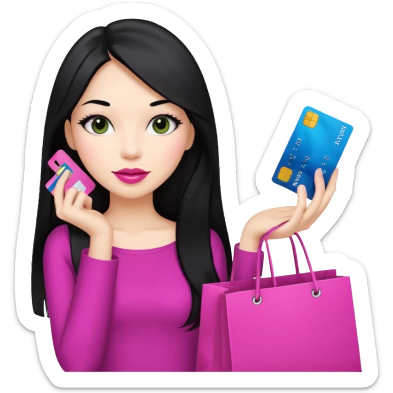 Girl with long black hair and pink lipstick holding shopping bags and credit card sticker