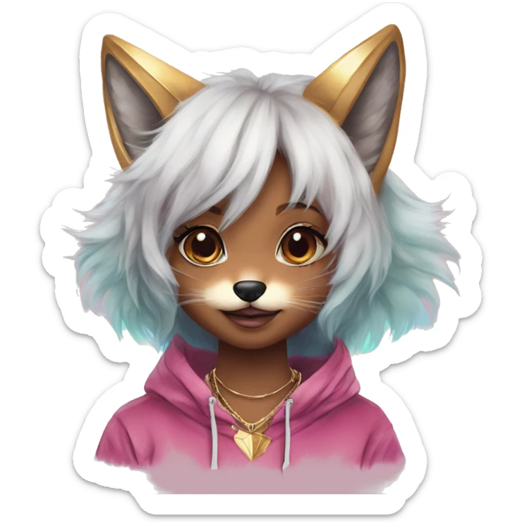 Pink magenta burgundy maroon cyan beige gray fox wearing a pink hoodie with gold jewellery gold piercings gold ear piercing gold nose piercing vintage watercolour tie dye black raven wings sticker