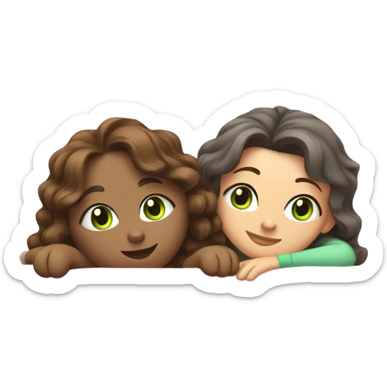 Grey cat with a brunette girl with wavy hair and green eyes in light pink shirt relaxing on a bed sticker