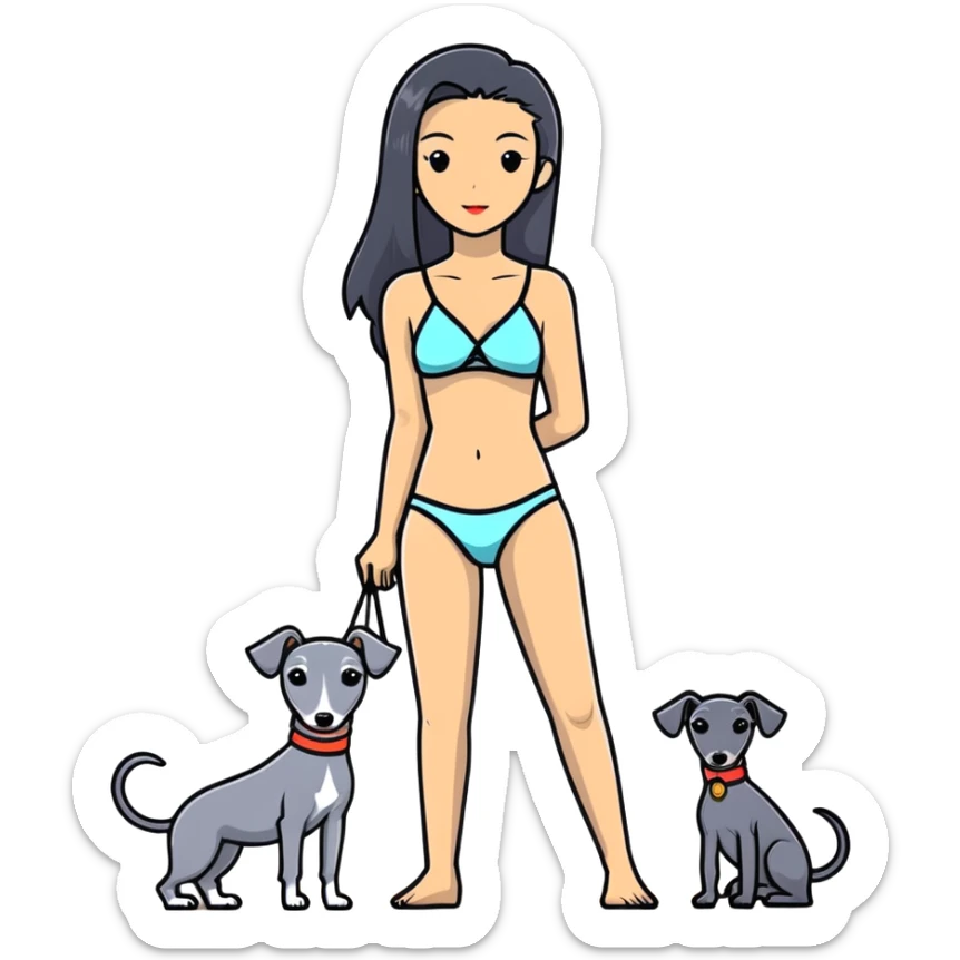 Slim Chinese woman with long black hair in appropriate beach attire at the beach with her completely solid grey Italian greyhound, the dog has absolutely no white markings anywhere, not on face or paws, solid grey color throughout entire body sticker