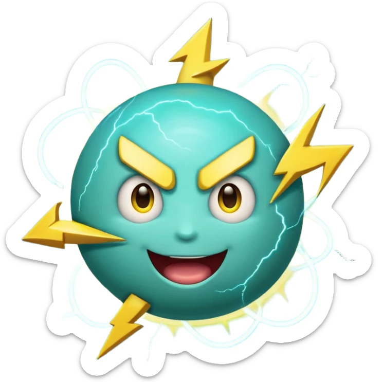 Uranus planet emoji in Apple-style, blue-green color with visible rings, a big playful and excited face, and a large yellow lightning bolt in front of the planet. The emoji is bursting with electric, chaotic, and unexpected energy, with highly expressive and fun features sticker