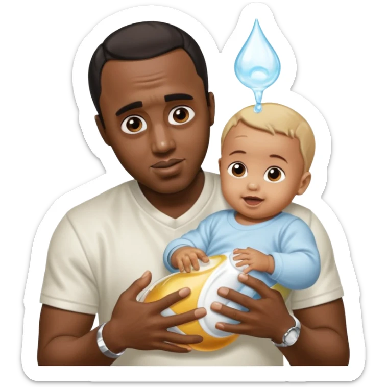 Sean “Diddy” Combs with baby oil and a very small infant and he’s pouring the baby oil on the baby and they have a scared face they’re really scared while diddy is happy sticker