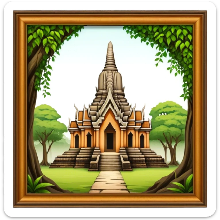Cinematic Realistic Ayutthaya Ruins Landmark Emoji, depicted with ancient temple ruins amid lush greenery rendered with dramatic textures and nostalgic, warm lighting. sticker