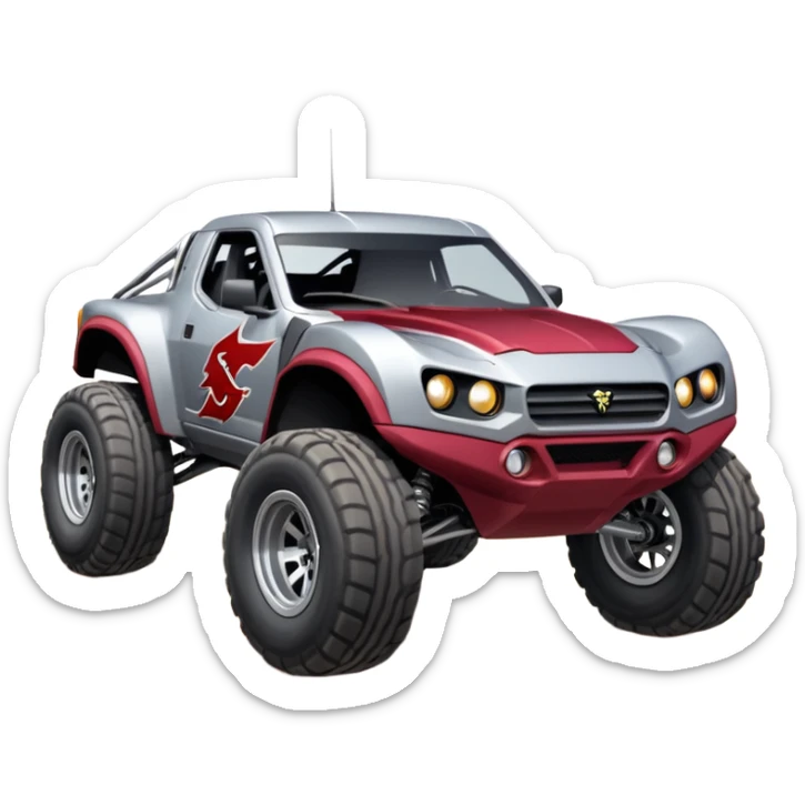 Satan’s (post race) Cabernet wide-body Dirty and dented Local Motors Rally Fighter off road race car hot rod trophy truck-style flying on a dusty road (silver wheels) sticker