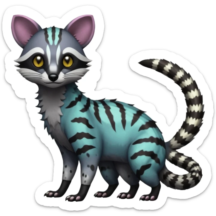 Rare warm-colored exotic edgy epic aesthetic gloomy spooky dark modern colorful cyber-Genet-Trico-Civet-species-Fakemon-hybrid-creature, with beautiful intricate markings, full body sticker