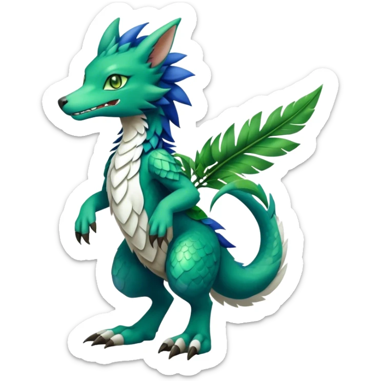 Cute cool fantasy animal hybrid Sergal-Digimon-Fakemon full body, green scales, green leaves, brown eyes, blue feathers sticker