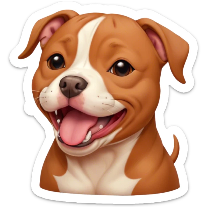 Cinematic Cute Yawning Red/Fawn Staffordshire Bull Terrier Portrait Emoji, Head tilted slightly with a dramatic, wide-open yawn, showcasing a smooth red/fawn Fur with crisp white accents, floppy ears slightly drooping, round dark eyes barely open in drowsy contentment, Simplified yet irresistibly adorable features, highly detailed, glowing with a soft, cozy glow, high shine, relaxed yet expressive, stylized with a touch of whimsy, bright and endearing, soft glowing outline, capturing the essence of a sleepy yet affectionate guardian, so drowsy it feels like it could stretch right out of the screen and curl up for a nap! sticker