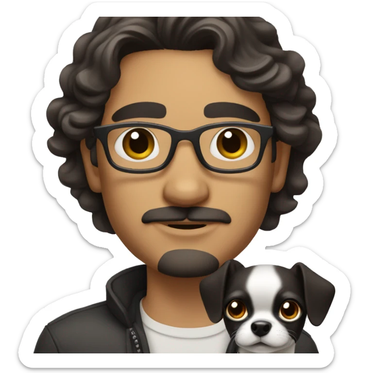 dark hair dark eye man with short mustache wearing glasses holding chihuahua sticker