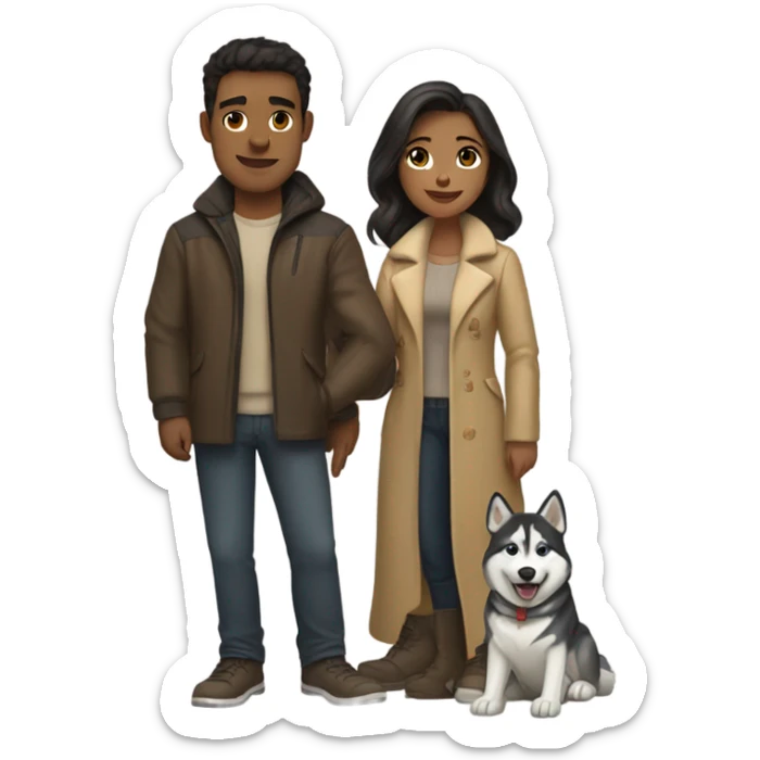 A couple man and woman Both have dark hair, with in the middle of them. A Husky. Golden beige sticker