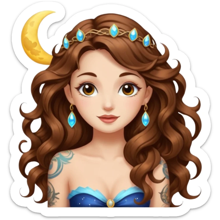 flirty moon fairy woman long wavy brown hair tattoos wink sparkle sticker