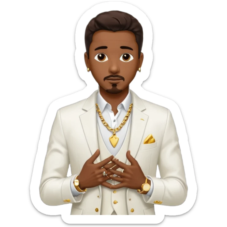 Ralph Tresvant with dark brown hair, white suit jacket, shirtless with necklace sticker