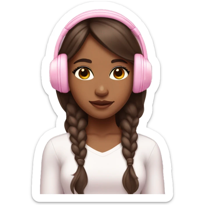 Brown skin girl wearing baby pink headphone with long brown hair and Latina makeup sticker
