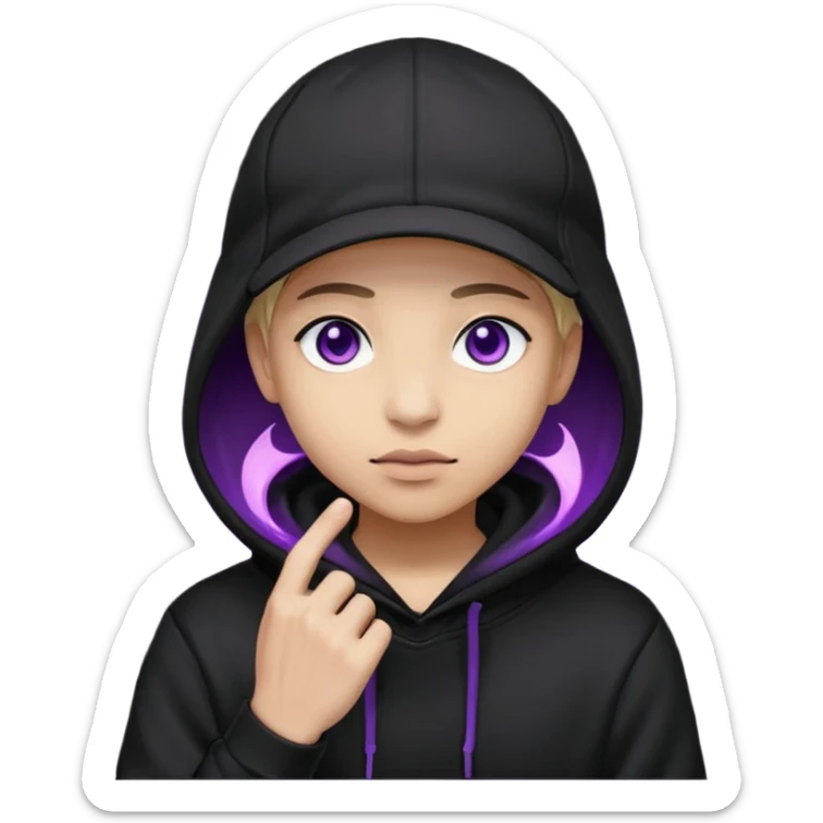 Carton character related to a shadow, with all black clothes, focusing a hoodie with his cap on, no visible face because of the darkness, just his purple shadow eyes making a light bloom sticker