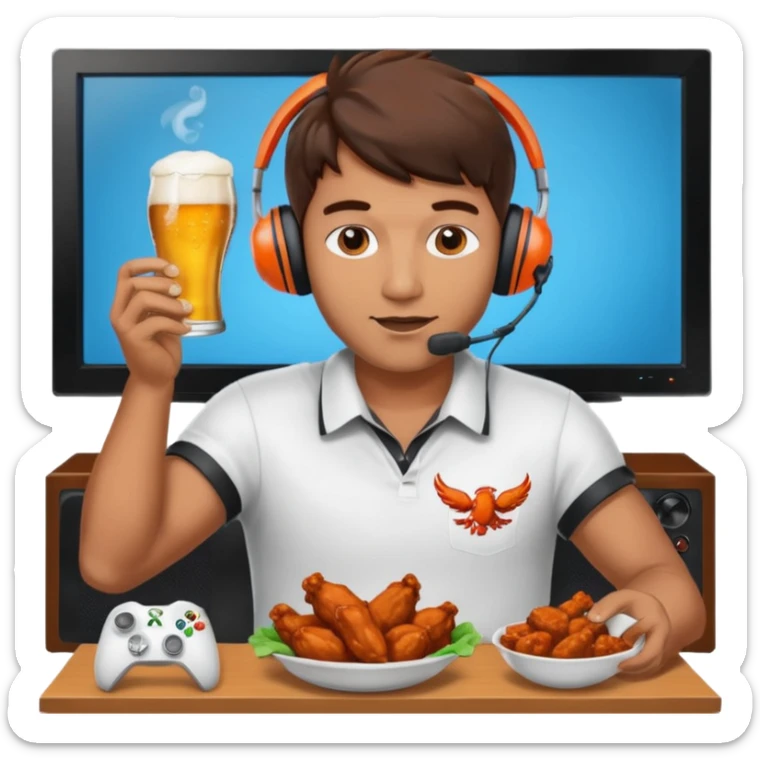 Football and tv and buffalo wings and beer and Xbox and a man with headset sticker