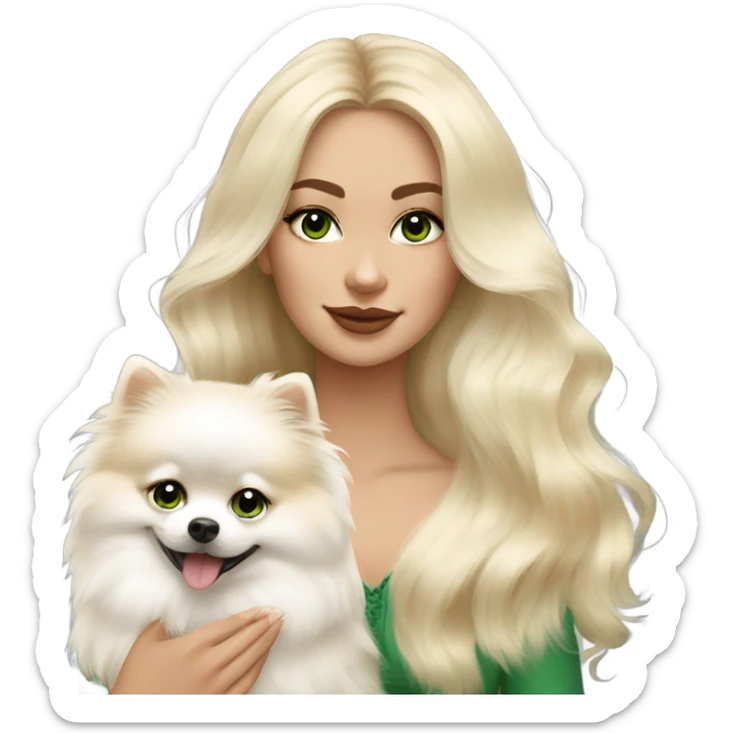 Blonde balayage long hair past shoulders woman with beautiful green eyes holding a white fluffy Pomeranian  sticker