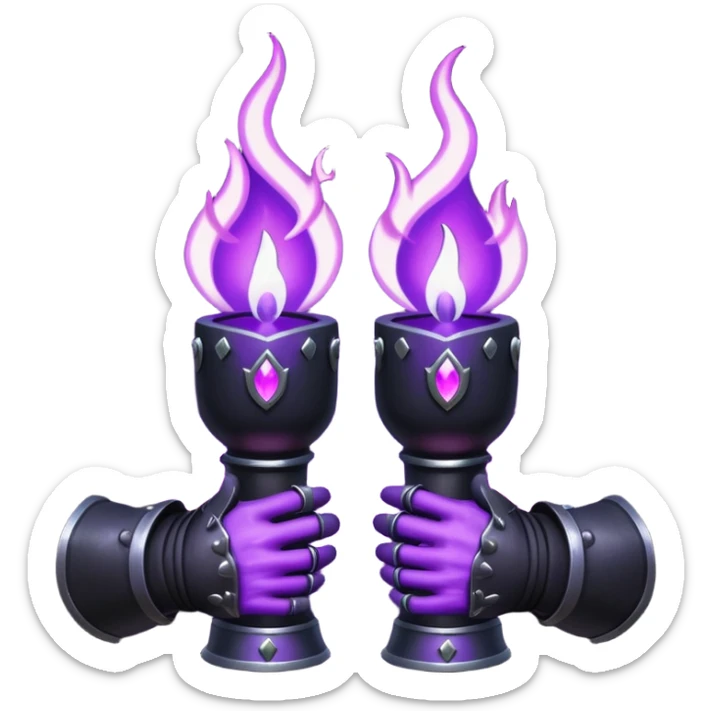 A Discord emoji of a pair of black armored gauntlets holding a flickering violet flame. The hands are positioned as if offering a gift. Dark gothic fantasy, glowing magical effects, high contrast, 2D vector style, white background. sticker