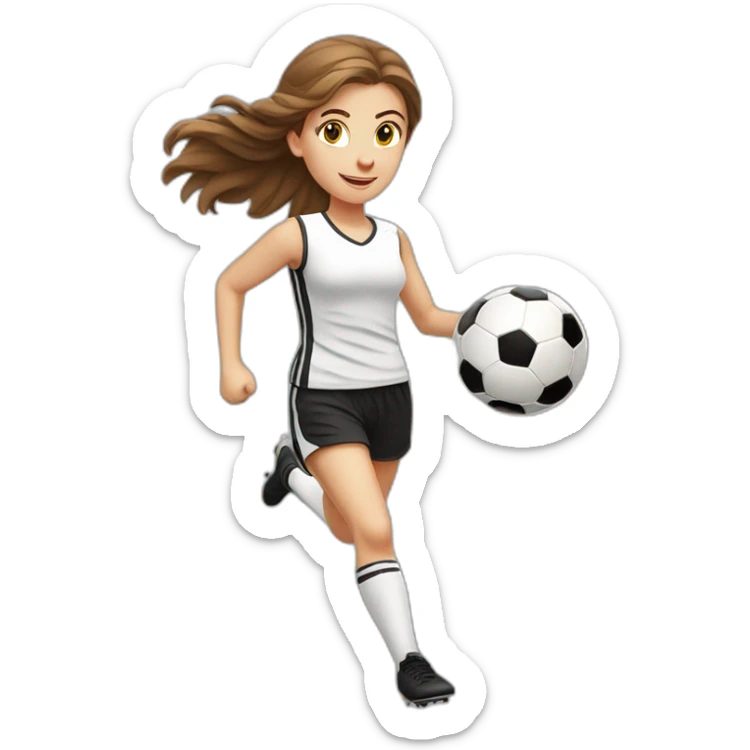Caucasian girl with brown long hair running with a soccer ball wearing White short and black shorts sticker