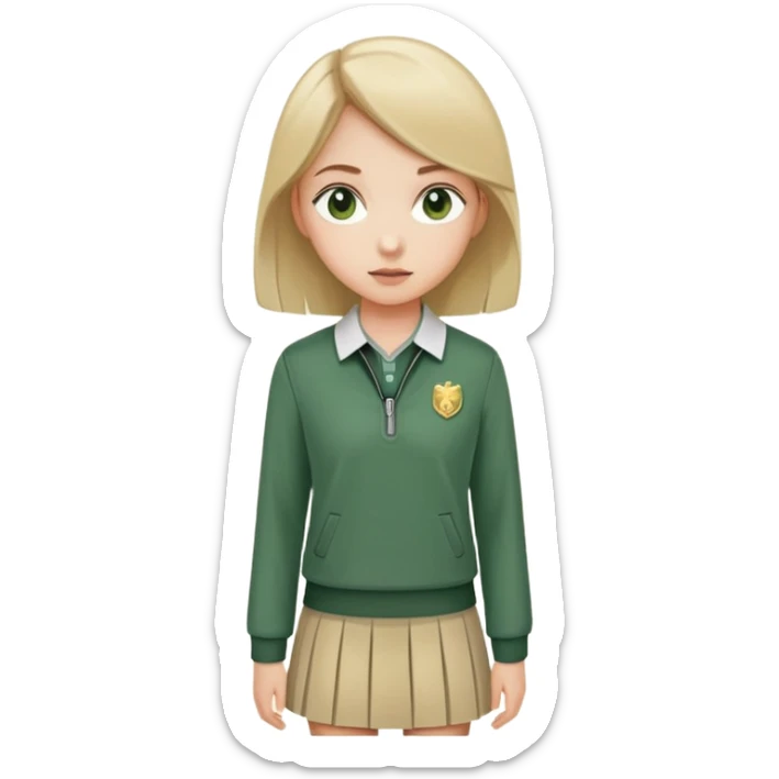 girl in a school uniform wearing a green polo, beige skirt, grey zipper jacket sticker