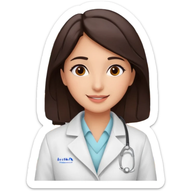 Emoji of a pharmacist girl named Hiba. She is standing in a pharmacy, wearing a white coat, with long straight dark brown hair, brown eyes, and a friendly smile. Please write her name ‘Hiba’ on it sticker