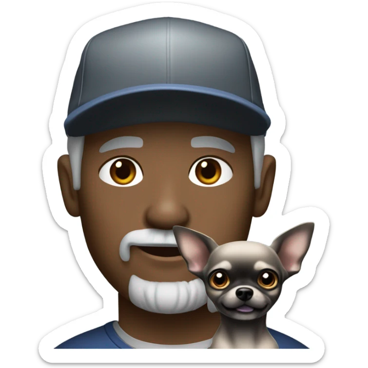 Man with blue eyes grey hair and grey goatee, wearing ball cap, holding long hair black chihuahua sticker
