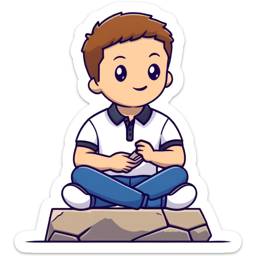 Young man with light skin and short brown hair sitting on stone steps, wearing white polo shirt with blue details and jeans sticker