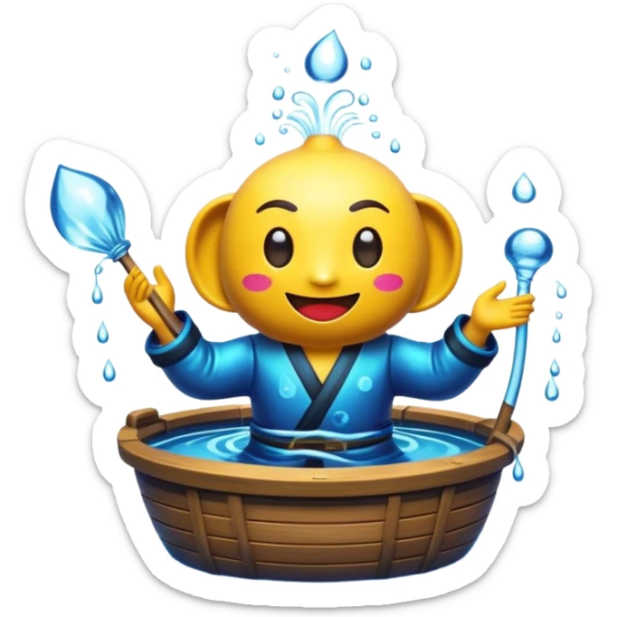 Cinematic Realistic Water Puppetry Pop Culture Emoji, depicted as a whimsical scene of traditional water puppetry rendered with dynamic textures and playful lighting. sticker