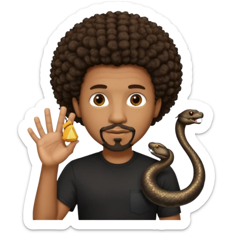 Homme noir, yeux marron avec un bouc sans la moustache, cheveux court et bouclé crépus avec un dégradé sur le côté, avec un cobra à côté , t-shirt noir  sticker