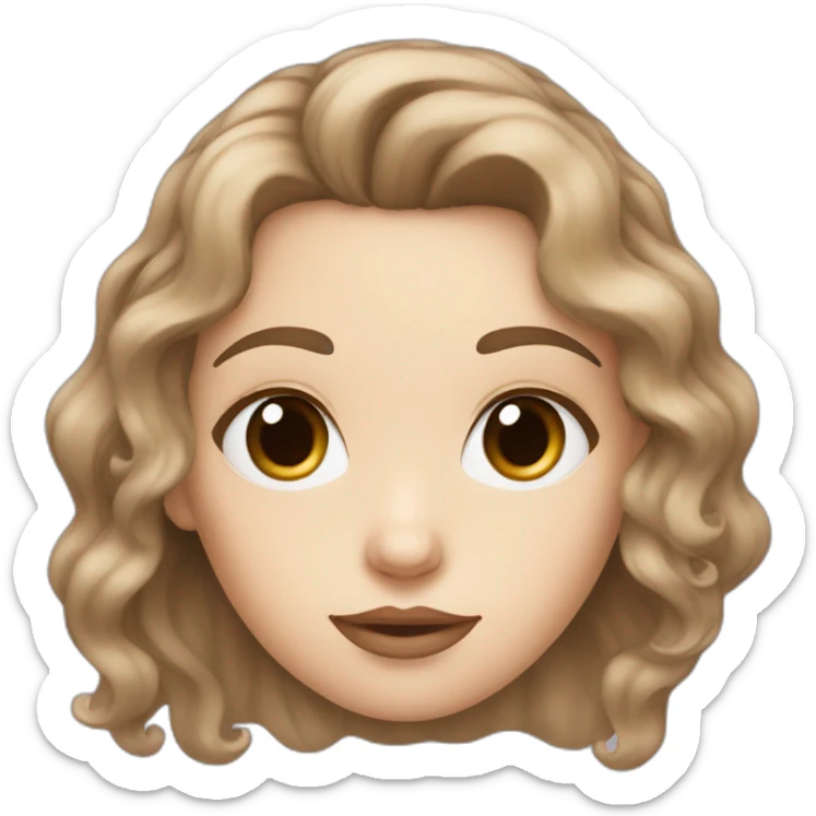 a white girl with short wavy brown hair, small lips, and downturned blue eyes sticker