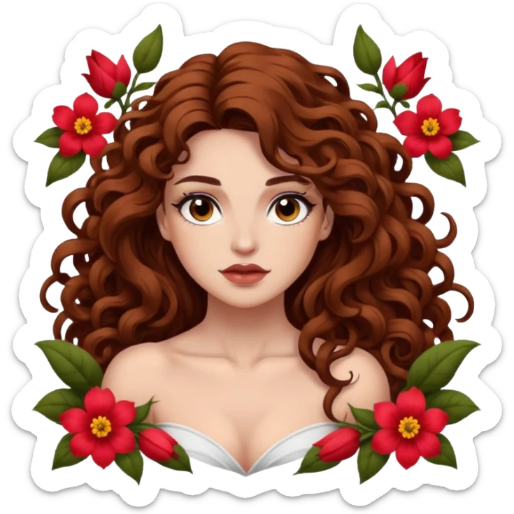 portrait woman long curly brown hair brown eyes white skin tattoos muscular build inside flower petals frame sticker