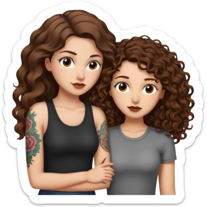 whisper plan — long wavy brown hair tattooed woman and short tight curly brown hair woman — leaning close plotting sticker