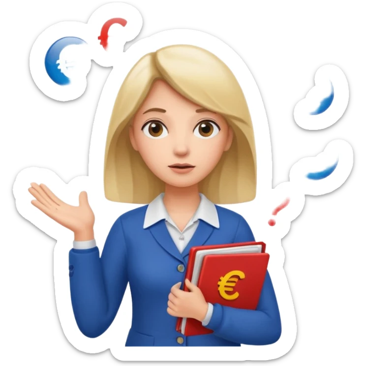 A confused female kindergardenteacher shrugging shoulders with euro symbols and documents floating around. sticker