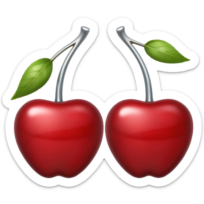 A pair of cherries emoji made of polished silver chrome, smooth rounded shapes, glossy metallic finish, soft highlights and reflections, cute proportions, iOS emoji style, centered, clean white background, no text sticker