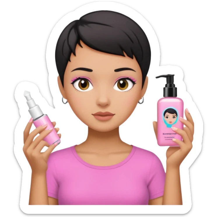 tan girl pink shirt with black hair & a pixie, doing her skin care sticker