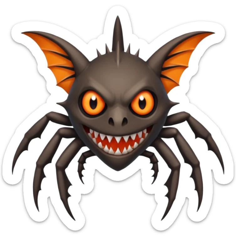 A bat with acid all in his body and his eyes  replaced with shark teeth and his hand in his back ( four hand) and his spines will be very spiky  and his leg will like a spider and last his eyes or 4 eyes will be in his hands and the colour of the eyes will orange and black sticker