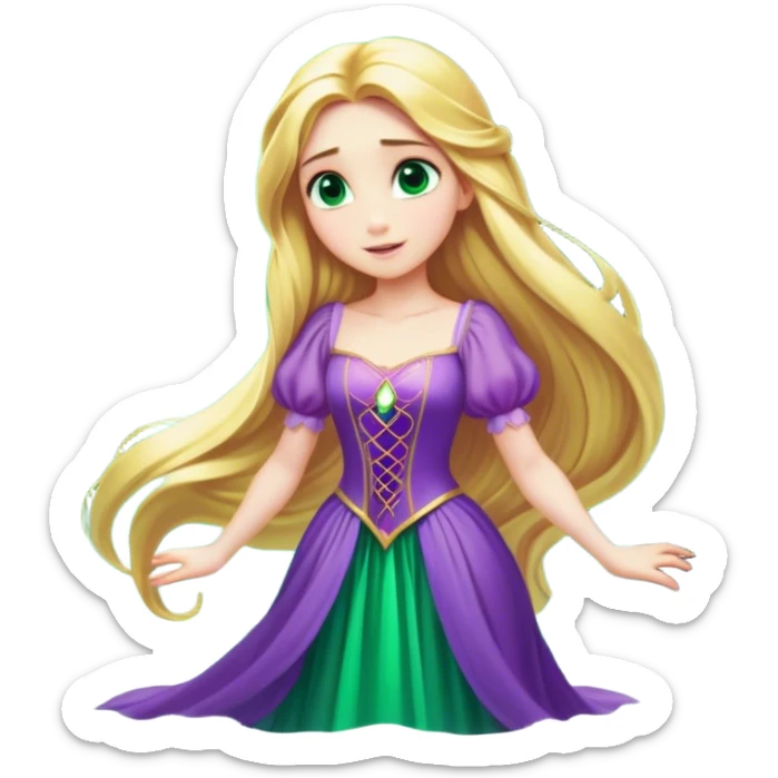 Cinematic Stunning Rapunzel Portrait Emoji, Golden hair cascading in a luminous waterfall, big emerald-green eyes full of wonder, wearing her iconic purple gown, radiating beauty and magic, glowing with fairy-tale charm! sticker