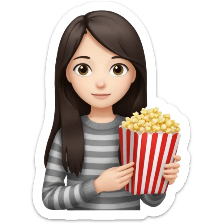 girl with dark brown straight long hair, striped light sweater, gray eyes, holding popcorn in her hands sticker