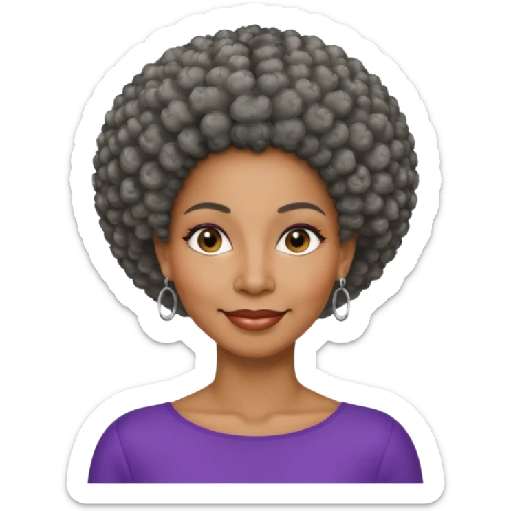 50 y.o. black woman, subtle smile, afro hair with grey strands sticker