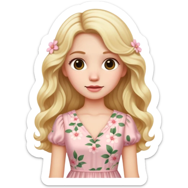 White skin lady with blonde long wavy hair whit a light pink cute flowered dress  sticker
