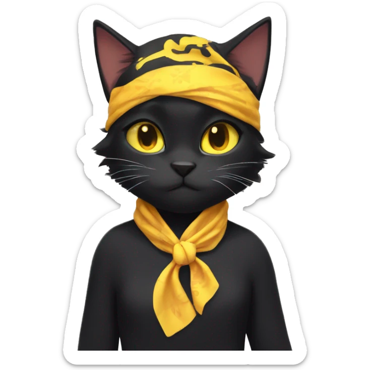 a black cat with yellow eyes and a bandanna around its neck, sora as a cat, kiki, anime cat, lineless, anime catgirl, sticker