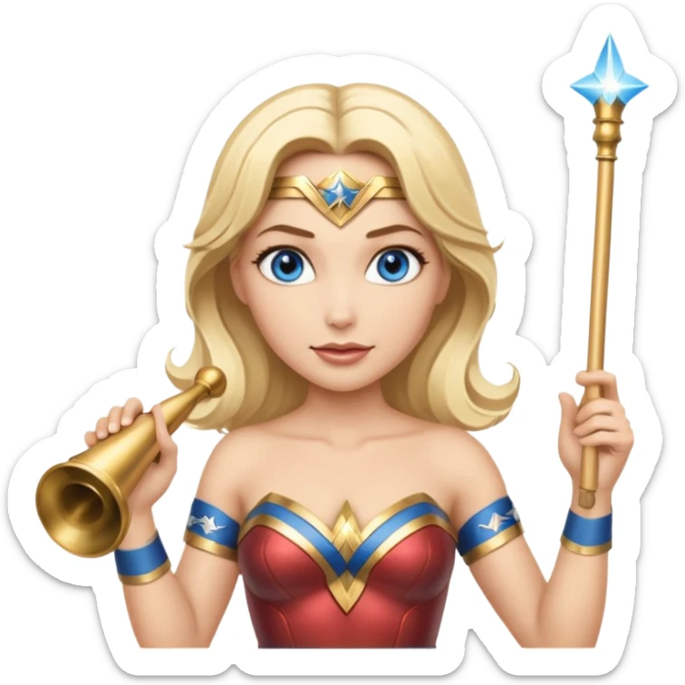 Blonde blue eyed Wonder Woman holding white orchestra conductor’s baton and bell  sticker