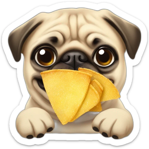 4k, Sticker design of funny pug with chips in him hand, cute, meme, illustrative, simple, realistic sticker