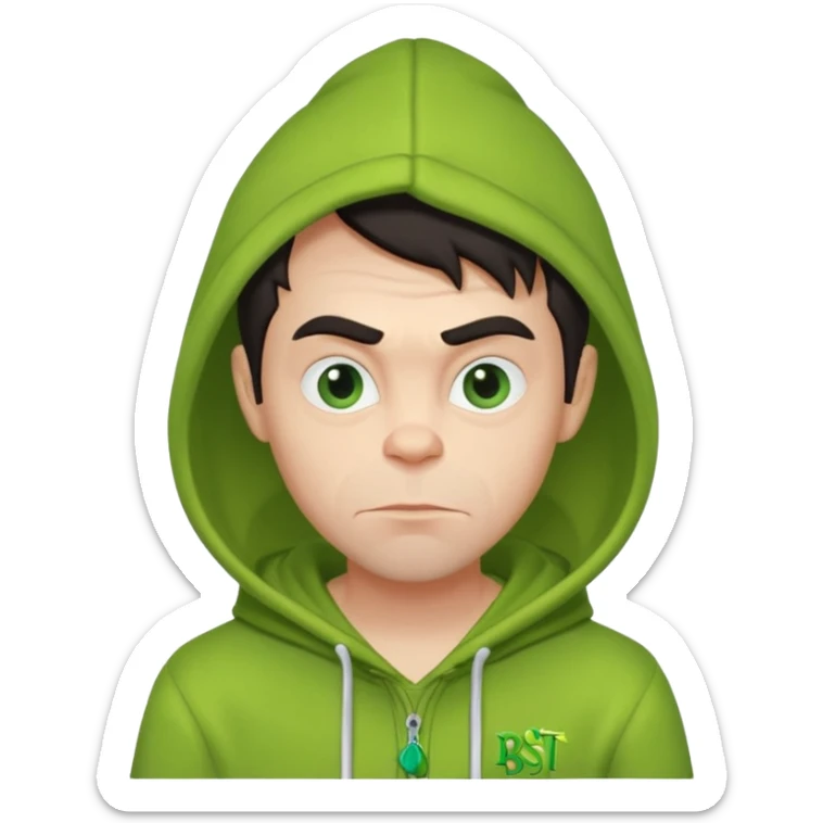 Create an avatar of white European with dark hair  male in hoodie with ``BST`` letters on it. Make background to look like from movie Grinch sticker
