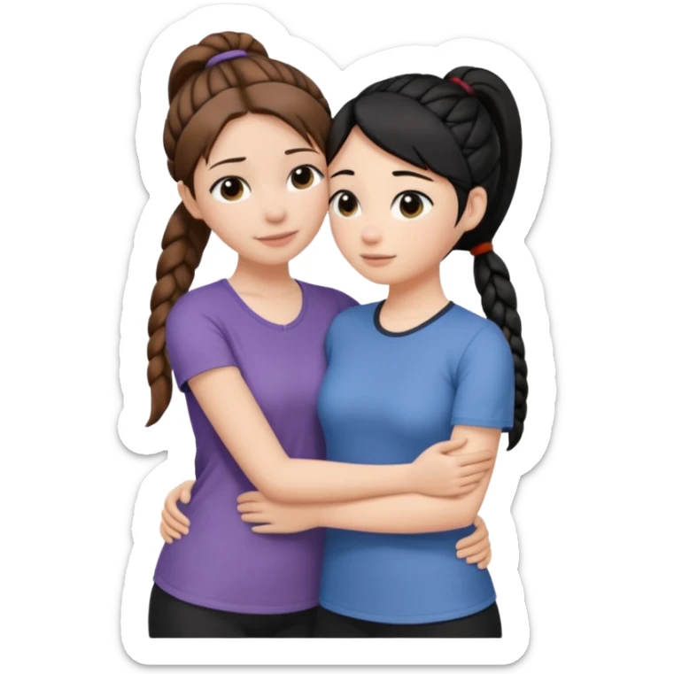 Comforting Hug two white skin women, one shorter woman with brown hair in simple top ponytail, not braided, and one taller woman with black hair in long side braid sticker