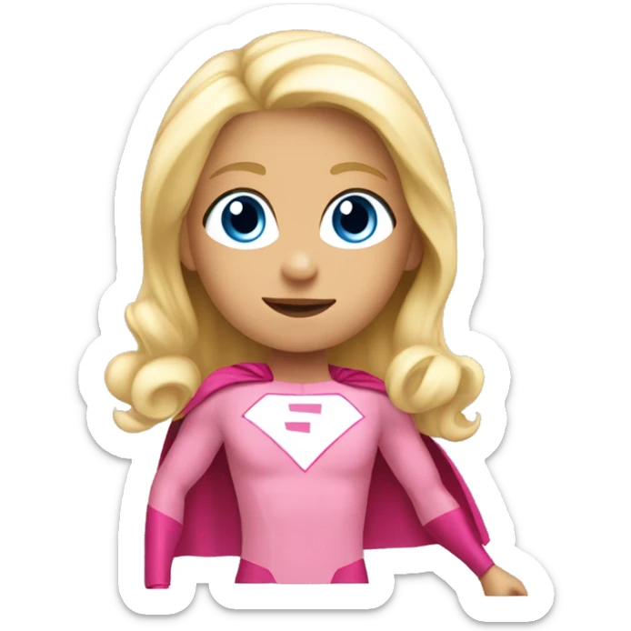 young blonde girl, blue eyes, wearing pink superhero costume, flying with one arm forward sticker