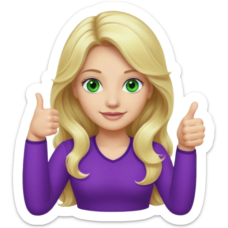 lady with long wavy blonde hair, purple top, green eyes, thumbs up sticker