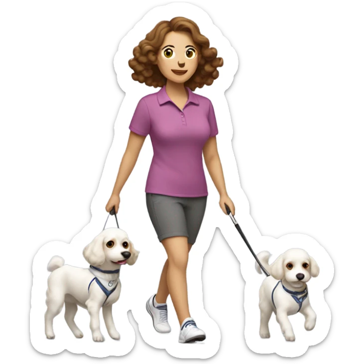 Mom with brown hair in golf clothes walking two little white cavapoos sticker