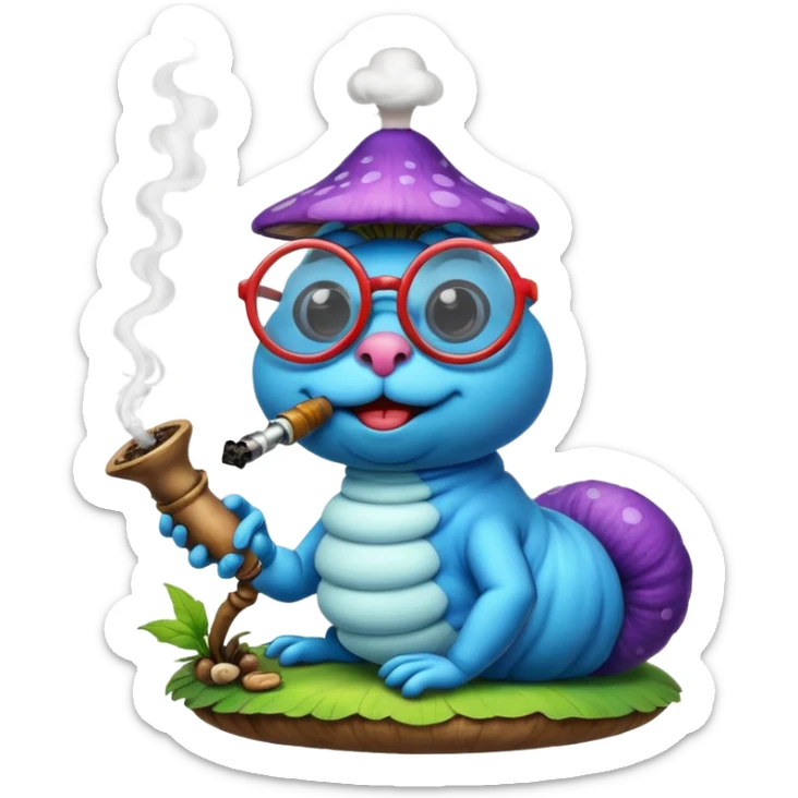 blue caterpillar with round glasses smoking a hooka pipe on top of a mushroom sticker