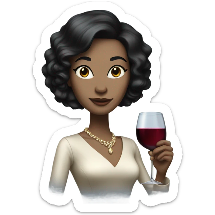 Rich woman jet black hair pale skin holding wine glass  sticker
